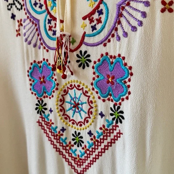 Boho Embroidered Peasant Dress Cream Fringe Festival Tunic Midi S - Picture 11 of 14